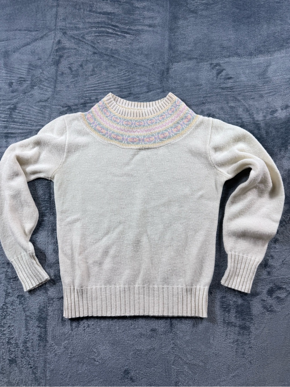 Vintage Garland Pastel Fair Isle Yoke Sweater Cream 100% Orlon Acrylic USA XS/S
